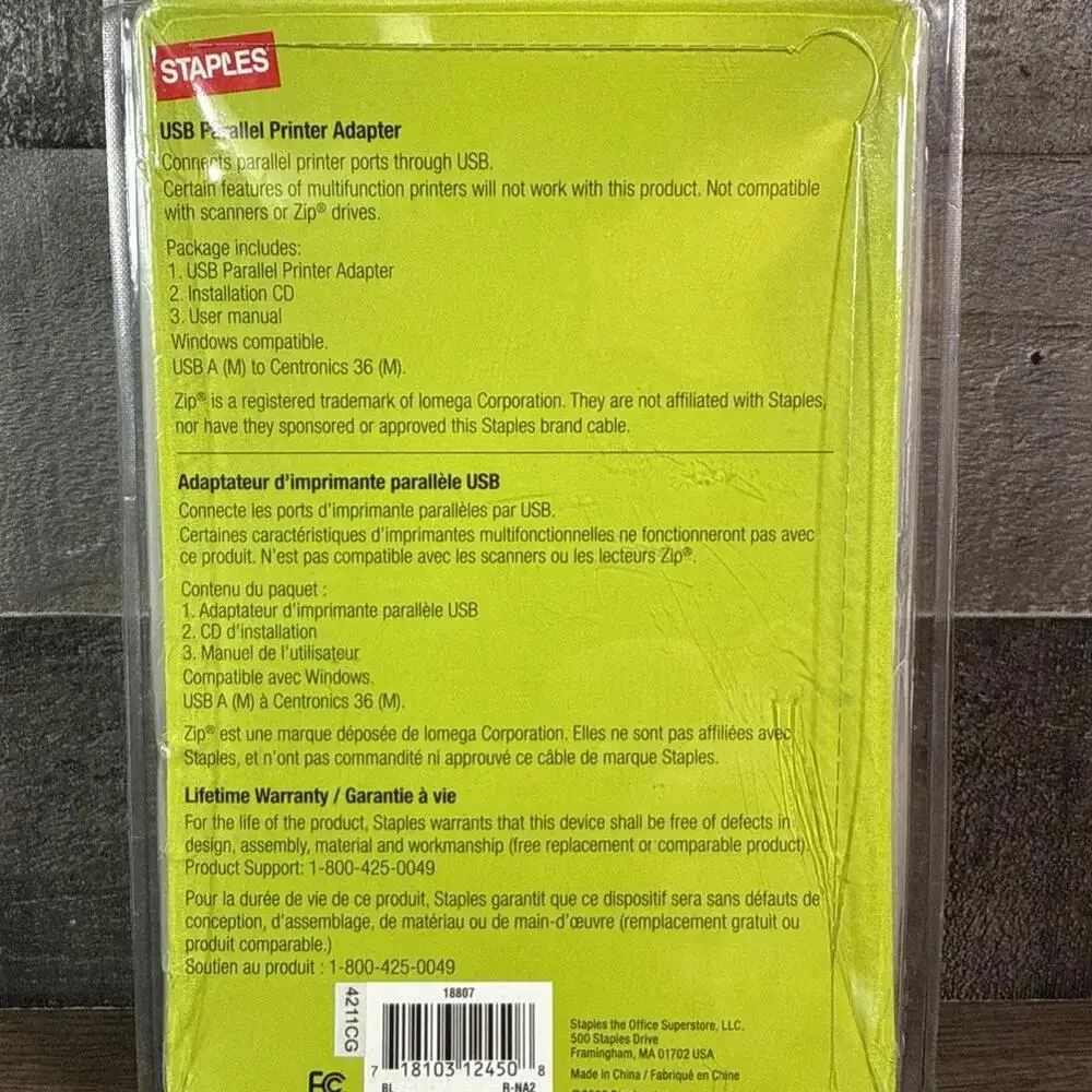 Staples / USB Parallel Printer Adapter / 5 ft/pi 1.5m / New & Sealed